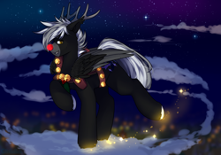 Size: 900x631 | Tagged: safe, artist:mediasmile666, derpibooru import, oc, oc only, pegasus, pony, antlers, cloud, deer costume, looking at you, male, night, night sky, sky, solo, stallion