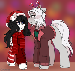 Size: 900x851 | Tagged: safe, artist:mediasmile666, derpibooru import, oc, oc only, earth pony, pony, abstract background, christmas, clothes, duo, female, hat, holiday, looking at each other, male, mare, santa hat, scarf, stallion, standing