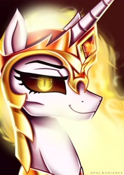 Size: 2896x4096 | Tagged: safe, artist:opal_radiance, derpibooru import, daybreaker, alicorn, pony, black sclera, glowing eyes, mane of fire, solo