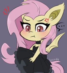 Size: 1994x2182 | Tagged: safe, artist:sakukitty, derpibooru import, fluttershy, anthro, bat pony, annoyed, bat ponified, bat wings, blushing, choker, clothes, crying, dress, flutterbat, grumpy, pouting, race swap, solo, teary eyes, wings