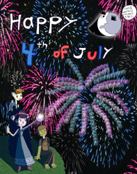 Size: 2540x3219 | Tagged: safe, derpibooru import, featherweight, 4th of july, crossover, festivia butterfly, fireworks, holiday, joel g, moony, oddworld, star vs the forces of evil, toby the mudokon, united states