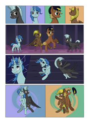 Size: 2904x4000 | Tagged: safe, artist:palibrik, derpibooru import, compass star, evening star, party favor, thunderlane, earth pony, pegasus, pony, unicorn, comic:securing a sentinel, abandoned, bottle, broken, carousel boutique, comic, commissioner:bigonionbean, cutie mark, derp, dialogue, dropping, drunk, female, forced, glass, hat, high res, magic, male, offscreen character, ponyville, potion, shattered, shipping, shocked, stallion, surprised