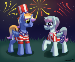 Size: 2100x1750 | Tagged: safe, artist:sa1ntmax, derpibooru import, oc, oc:aerial agriculture, oc:earthing elements, alicorn, pony, 4th of july, alicorn oc, background, clothes, commissioner:bigonionbean, cute, cutie mark, female, fireworks, fusion, fusion:aerial agriculture, fusion:earthing elements, glasses, grass, grass field, hat, holiday, horn, husband and wife, independence day, male, mare, married couple, national flag, patriotic, pride, romantic, stallion, star spangled banner, top hat, wings, writer:bigonionbean