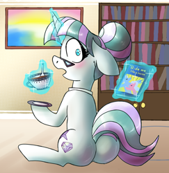 Size: 1500x1541 | Tagged: safe, artist:northernlightsone, derpibooru import, oc, oc:glossy granite, earth pony, pony, unicorn, background, blushing, book, bookshelf, butt, collar, commissioner:bigonionbean, cup, cutie mark, embarrassed, female, flank, food, fusion, fusion:glossy granite, glasses, horn, magic, mare, naughty, painting, plot, solo, tea, teacup, writer:bigonionbean