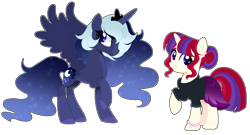 Size: 1018x549 | Tagged: safe, artist:rainbows-skies, derpibooru import, moondancer, princess luna, pony, alternate design, base used, simple background, transparent background