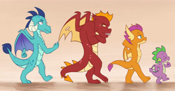 Size: 7500x3900 | Tagged: safe, artist:chub-wub, derpibooru import, garble, princess ember, smolder, spike, dragon, arm behind head, crossed arms, dragoness, eyes closed, female, line-up, male, orange background, profile, simple background, walking