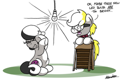 Size: 2475x1601 | Tagged: safe, artist:bobthedalek, derpibooru import, oc, oc only, oc:octavia's father, oc:octavia's mother, earth pony, pony, atg 2021, bright, bulb, newbie artist training grounds, shielding face, stepladder, sunglasses