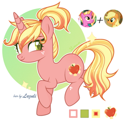 Size: 2468x2436 | Tagged: safe, artist:hoochuu, derpibooru import, applejack, luster dawn, oc, oc only, oc:appledelight, pony, unicorn, base used, cute, female, fusion, mare, reference sheet, screencap reference