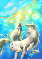 Size: 595x842 | Tagged: safe, artist:thatfriendlysomeone, derpibooru import, oc, oc only, earth pony, pony, bubble, cloud, crepuscular rays, flowing mane, holding breath, looking up, newbie artist training grounds, ocean, sky, solo, sunlight, swimming, underwater, water, yellow mane