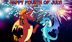 Size: 2064x1204 | Tagged: safe, anonymous artist, artist:drakizora, artist:melisareb, derpibooru import, dragon lord ember, garble, princess ember, 2021, 4th of july, accident, american independence day, crack shipping, embarrassed, ember is not amused, emble, female, fireworks, holiday, male, now you fucked up, oops, shipping, straight, this did not end well, unamused