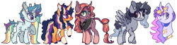 Size: 1600x411 | Tagged: safe, artist:caramelbolt24, derpibooru import, oc, oc only, alicorn, pony, unicorn, alicorn oc, bust, clothes, colored sketch, ear piercing, ethereal mane, eyelashes, female, hoof on chest, horn, leonine tail, mare, multicolored hair, piercing, rainbow hair, raised hoof, raised leg, simple background, smiling, starry mane, transparent background, unicorn oc, wings