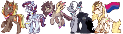 Size: 1600x445 | Tagged: safe, artist:caramelbolt24, derpibooru import, oc, oc only, kirin, pegasus, pony, bisexual pride flag, cloak, clothes, ear fluff, ears, female, flying, hoof polish, kirin oc, lesbian pride flag, looking back, magical lesbian spawn, male, mare, offspring, parent:rainbow dash, parent:rarity, parents:raridash, pegasus oc, pride, pride flag, raised hoof, raised leg, simple background, smiling, stallion, transgender pride flag, transparent background