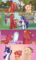 Size: 1600x2667 | Tagged: safe, artist:caramelbolt24, derpibooru import, apple bloom, applejack, big macintosh, rarity, earth pony, pony, unicorn, building, comic, crossdressing, female, freckles, hat, horn, male, mare, mirror, orchard blossom, pictogram, raised hoof, raised leg, reflection, smiling, stallion, transgender, unshorn fetlocks, yoke