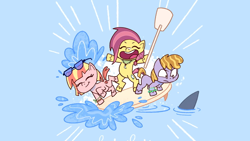 Size: 1920x1080 | Tagged: safe, derpibooru import, screencap, earth pony, pony, my little pony: pony life, pony surfin' safari, bracelet, cute, jewelry, paddle, paddleboard, shark fin, splash, sunglasses, surfing safari, unnamed character, unnamed pony, water