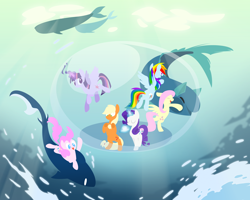 Size: 2000x1600 | Tagged: safe, artist:boardle, derpibooru import, applejack, fluttershy, pinkie pie, rainbow dash, rarity, twilight sparkle, twilight sparkle (alicorn), alicorn, earth pony, pegasus, pony, shark, unicorn, whale, blue eyes, bubble, contest entry, crepuscular rays, eyes closed, female, fish tail, flying, glowing horn, green eyes, horn, mane six, ocean, open mouth, purple eyes, smiling, spread wings, sunlight, tail, underwater, water, wings