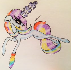 Size: 2382x2348 | Tagged: safe, artist:beamybutt, derpibooru import, oc, oc only, pony, unicorn, clothes, eyelashes, female, glowing horn, horn, leg warmers, looking back, mare, multicolored hair, rainbow hair, signature, solo, traditional art, unicorn oc