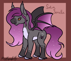 Size: 1750x1500 | Tagged: safe, artist:misskanabelle, derpibooru import, oc, oc only, oc:satin servillei, bat pony, pony, abstract background, bat pony oc, bat wings, ethereal mane, female, hoof fluff, mare, offspring, parent:funnel web, parent:oc:charmeuse culicivora, parents:canon x oc, signature, solo, starry mane, wings