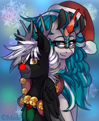 Size: 900x1098 | Tagged: safe, artist:mediasmile666, derpibooru import, oc, oc only, kirin, pegasus, pony, abstract background, christmas, duo, female, hat, holiday, kirin oc, looking at you, male, mare, santa hat, sitting, stallion