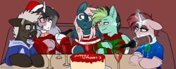 Size: 900x358 | Tagged: safe, artist:mediasmile666, derpibooru import, oc, oc only, pegasus, pony, unicorn, bandaid, cake, christmas, curved horn, ears, female, floppy ears, food, hat, holiday, horn, magic, male, mare, party, santa hat, stallion, telekinesis