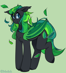 Size: 900x989 | Tagged: safe, artist:mediasmile666, derpibooru import, oc, oc only, bat pony, pony, bat pony oc, female, green background, leaf, looking at you, mare, raised leg, simple background, solo