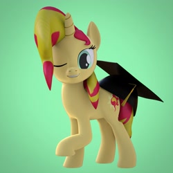 Size: 4000x4000 | Tagged: safe, artist:wissle, derpibooru import, sunset shimmer, pony, unicorn, 3d, absurd resolution, atg 2021, blender, female, graduation cap, happy, hat, looking at you, mare, newbie artist training grounds, one eye closed, raised leg, simple background, smiling, solo, wink