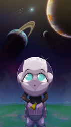 Size: 2160x3840 | Tagged: safe, artist:ljdamz1119, derpibooru import, pom lamb, lamb, sheep, them's fightin' herds, bell, community related, planet, solo, space, spaceship, spacesuit, stars