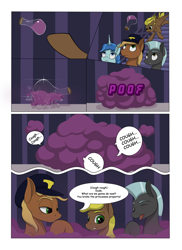 Size: 2904x4000 | Tagged: safe, artist:palibrik, derpibooru import, compass star, evening star, party favor, thunderlane, earth pony, pegasus, pony, unicorn, comic:securing a sentinel, abandoned, bottle, broken, carousel boutique, comic, commissioner:bigonionbean, cutie mark, derp, dialogue, dropping, drunk, female, glass, hat, high res, male, offscreen character, ponyville, potion, shattered, shipping, stallion