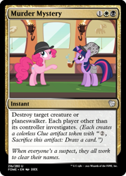 Size: 375x523 | Tagged: safe, derpibooru import, edit, pinkie pie, twilight sparkle, earth pony, unicorn, mmmystery on the friendship express, bowler hat, bubble, ccg, deerstalker, hat, implied death, magic the gathering, pipe, trading card, trading card edit, train, train car