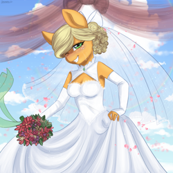 Size: 2200x2200 | Tagged: safe, artist:chickenbrony, derpibooru import, applejack, anthro, earth pony, blushing, clothes, crying, dress, evening gloves, female, fingerless gloves, gloves, grin, happy, jewelry, long gloves, looking at you, mare, marriage, one eye closed, ring, smiling, smiling at you, solo, tears of joy, wedding, wedding dress, wedding ring, wedding veil
