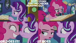 Size: 1280x720 | Tagged: safe, derpibooru import, edit, edited screencap, editor:quoterific, screencap, pinkie pie, starlight glimmer, trixie, earth pony, pony, unicorn, season 8, the maud couple, spoiler:s08, book, boop, female, mare, nose to nose, noseboop, open mouth