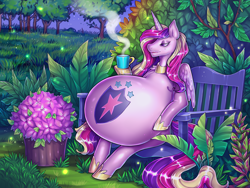 Size: 4000x3000 | Tagged: safe, artist:matokiro, derpibooru import, princess cadance, alicorn, pony, alternative cutie mark placement, belly, belly cutie mark, big belly, cadance pregnant with shining armor, cadancepred, cadencepred, commission, commissioner:reversalmushroom, cutie mark theft, female, fetish, good clean married vore, high res, implied shining armor, implied unbirthing, mare, married couples doing married things, married life, permapregnant, pregdance, pregnant, shipping, solo, stolen cutie marks, unbirthing, vore, willing vore