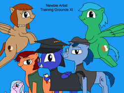 Size: 2000x1500 | Tagged: safe, artist:blazewing, derpibooru import, oc, oc only, oc:blazewing, oc:maggie, oc:pastel macaroon, oc:pecan sandy, oc:syntax, oc:tough cookie, earth pony, pegasus, unicorn, atg 2021, chubby, clothes, colored background, diploma, drawpile, fat, fedora, female, filly, flying, foal, freckles, glasses, graduation cap, graduation gown, hat, jewelry, looking at you, male, mare, necklace, newbie artist training grounds, pearl necklace, smiling, stallion, text, vest