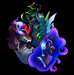 Size: 1280x1297 | Tagged: safe, artist:shebbart, derpibooru import, king sombra, nightmare moon, queen chrysalis, alicorn, changeling, changeling queen, pony, umbrum, unicorn, black background, colored horn, crown, curved horn, fangs, female, horn, jewelry, male, mare, regalia, simple background, stallion, tongue, tongue out