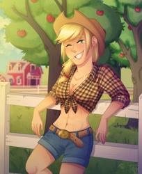 Size: 960x1179 | Tagged: safe, artist:toxiccolour, derpibooru import, applejack, human, abs, apple, apple tree, applejack's hat, applerack, barn, belly button, belt, breasts, clothes, cowboy hat, cute, female, fence, flannel, food, freckles, grin, hat, humanized, jackabetes, midriff, one eye closed, shorts, smiling, solo, straw in mouth, sweet apple acres, tree, wink
