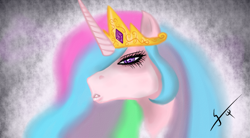 Size: 1860x1024 | Tagged: safe, artist:gsomv, derpibooru import, princess celestia, alicorn, pony, bust, lidded eyes, portrait, solo