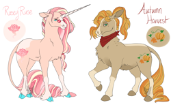 Size: 1700x1050 | Tagged: safe, artist:arexstar, derpibooru import, oc, oc only, oc:autumn harvest, oc:rosey ruse, classical unicorn, hybrid, mule, pony, unicorn, cloven hooves, ears, floppy ears, glasses, horn, leonine tail, long horn, offspring, parent:applejack, parent:fluttershy, parent:sunburst, parent:unnamed oc, parents:flutterburst, simple background, unshorn fetlocks, white background