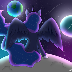 Size: 678x681 | Tagged: safe, artist:aber6823, derpibooru import, princess luna, alicorn, earth, moon, planet, sitting, solo