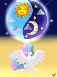 Size: 566x758 | Tagged: safe, artist:aber6823, derpibooru import, princess celestia, alicorn, pony, moon, solo, spread wings, sun, wings