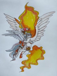 Size: 808x1080 | Tagged: safe, derpibooru import, daybreaker, oc, oc:light knight, hug, spread wings