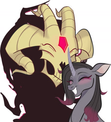 Size: 1280x1412 | Tagged: safe, artist:switchsugar, derpibooru import, fhtng th§ ¿nsp§kbl, oleander, demon, unicorn, them's fightin' herds, awwleander, blushing, community related, cute, duo, eyes closed, female, fredeander, grin, male, shipping, simple background, smiling, straight, when he smiles, when she smiles, white background