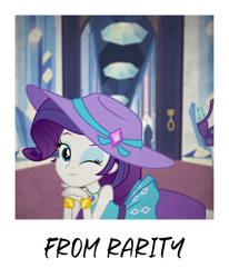 Size: 3480x4230 | Tagged: safe, derpibooru import, rarity, human, equestria girls, absurd resolution, female, looking at you, one eye closed, polaroid, rarity peplum dress, solo, text, vintage, wink, winking at you