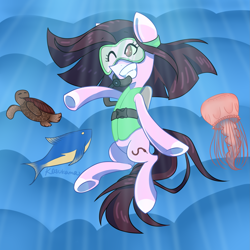 Size: 2449x2449 | Tagged: safe, artist:kasukamachikyu, derpibooru import, oc, oc only, earth pony, fish, jellyfish, pony, turtle, brown eyes, crepuscular rays, deviantart watermark, diving goggles, female, flowing mane, flowing tail, obtrusive watermark, ocean, one eye closed, scuba, scuba diving, scuba gear, signature, smiling, solo, sunlight, teeth, underwater, water, watermark, wink