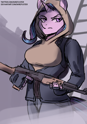 Size: 2480x3508 | Tagged: safe, artist:nire, derpibooru import, starlight glimmer, anthro, unicorn, ak, ak-47, assault rifle, breasts, clothes, female, gun, hoodie, jacket, jeans, mare, pants, rifle, s.t.a.l.k.e.r., solo, starlight jiggler, trigger discipline, weapon