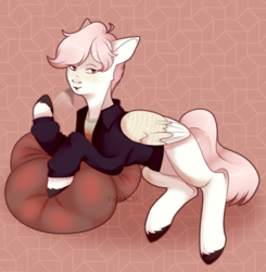 Size: 2800x2860 | Tagged: safe, artist:fajnk, derpibooru import, oc, oc only, oc:quincy, pegasus, pony, abstract background, clothes, cute, freckles, happy, male, open mouth, pegasus oc, pillow, shirt, smiling, solo, stallion, t-shirt, wings