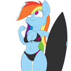 Size: 1080x1080 | Tagged: safe, artist:fajnyziomal, derpibooru import, rainbow dash, anthro, pegasus, absolute cleavage, belly button, bikini, breasts, cheek fluff, cleavage, clothes, commission, female, mare, simple background, solo, surfboard, swimsuit, white background, your character here