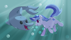 Size: 1920x1080 | Tagged: safe, artist:myatathecupcake, derpibooru import, sea swirl, seafoam, dolphin, pony, unicorn, bubble, crepuscular rays, female, fish tail, flowing mane, flowing tail, holding breath, horn, looking at each other, ocean, open mouth, puffy cheeks, purple eyes, smiling, solo, sunlight, swimming, tail, underwater, water