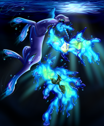 Size: 2236x2683 | Tagged: safe, artist:crazyaniknowit, derpibooru import, oc, oc only, fish, pony, unicorn, blue eyes, blue mane, bubble, crepuscular rays, eyelashes, female, flowing mane, flowing tail, glow, glowing mane, glowing tail, horn, looking up, ocean, open mouth, signature, smiling, solo, swimming, tail, underwater, water
