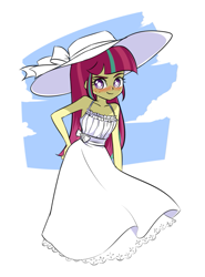 Size: 689x930 | Tagged: safe, artist:twilite-sparkleplz, derpibooru import, sour sweet, equestria girls, blushing, clothes, dress, hat, smiling, solo, sun hat, sundress