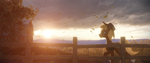 Size: 3840x1607 | Tagged: safe, artist:etherium-apex, oc, oc only, oc:acres, earth pony, pony, 3d, barn, blender eevee, countryside, farm, featured image, fence, field, landscape, male, scenery, solo, stallion, sunset