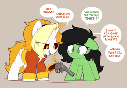 Size: 1502x1052 | Tagged: safe, artist:shinodage, oc, oc only, oc:anon filly, oc:dyx, alicorn, earth pony, pony, alicorn oc, bullet, cartridge, clothes, concerned, dialogue, duo, female, filly, gun, handgun, horn, jacket, levitation, magic, revolver, russian roulette, scared, simple background, speech bubble, telekinesis, this will end in blood, this will end in death, weapon, wings
